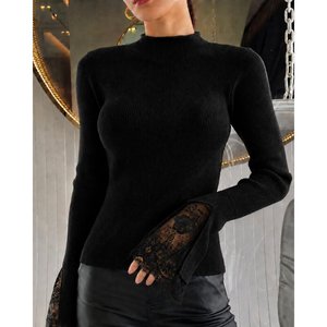 Women'<b>s</b> Long-Sleeved Semi-Turtleneck <b>Blouse</b> with Lace Detail on Sleeves, 37602 - Black - Product Image 1