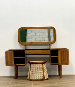 Teak Wood Makeup Vanity <b>Dressing</b> <b>Table</b> with Mirror Rattan <b>Stool</b> Storage Cabinet Bedroom Home Furniture - Product Image 2