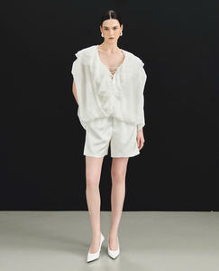 Chic Summer <b>Set</b> Voluminous Ruffled Cap Sleeve <b>Top</b> <b>and</b> High Waisted <b>Shorts</b> made in Vietnam - Product Image 1