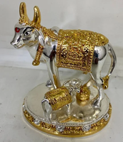 Patung Sapi dengan Anak Sapi Berlapis Emas & Perak Buatan Tangan dari Resin, Bentuk Persegi Panjang Modern, Dekorasi Religius Kamdhenu
