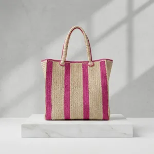 Bolso Tote de Rafia Tejida a Rayas con Cierre de Cremallera, Forro de Poliéster, Resistente al Agua, Gran Capacidad para Viajes a la Playa y Compras - Product Image 2