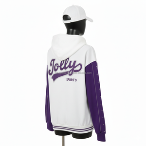 Sweat à capuche zippé pour femme de haute qualité, coton 330 GSM, deux tons, manches violettes et blanches, avec logo brodé personnalisé, fermeture éclair, sweat-shirts basiques - Product Image 5