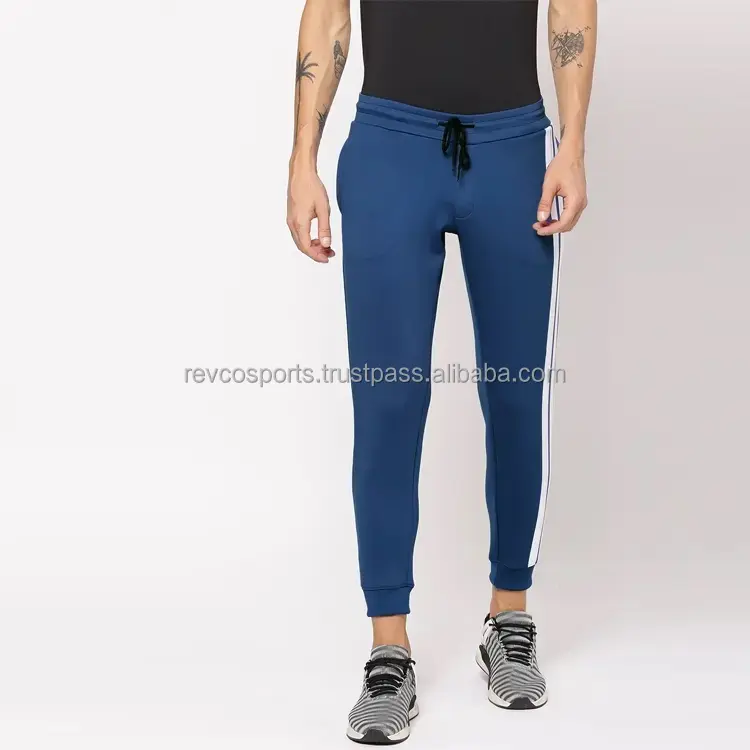 Spor giyim koşu Sweatpants erkekler ter esneklik spor Jogger cepler ile sonbahar spor egzersiz Teal beyaz şeritler ile pantolon