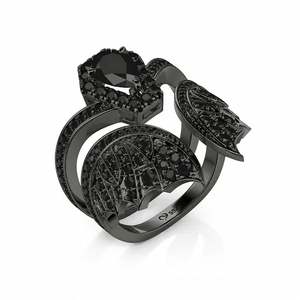 Ensemble de bagues de fiançailles Jeulia en platine plaqué rhodium noir, motif chauve-souris et cercueil - Product Image 3