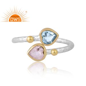 Diseño hecho a mano plata esterlina Topacio azul natural y anillo de piedras preciosas de cuarzo rosa diseño personalizado fabricante de joyas - Product Image 3