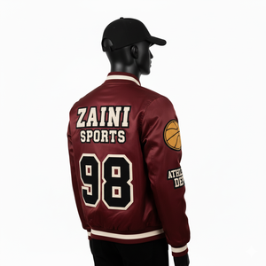 Chaqueta Bomber Satinada de Alta Calidad, 300 GSM, Color Granate, Estilo Atlético, con Parche de Chenilla Personalizado y Logotipo Bordado, para Hombre - Product Image 4