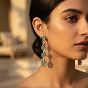 Boucles d'oreilles pendantes géométriques bohèmes plaquées argent Art Palace avec pierres goutte d'eau aigue-marine pour femme, bijoux de fête - Product Image 2