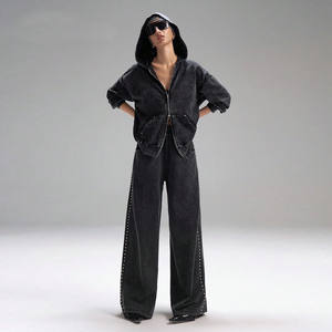 Sweat à capuche en coton polaire à double fermeture éclair pour femme Sweat-shirt coupe courte Rhinestone Distress Acid Washed Drop Shoulder Hoodie - Product Image 1