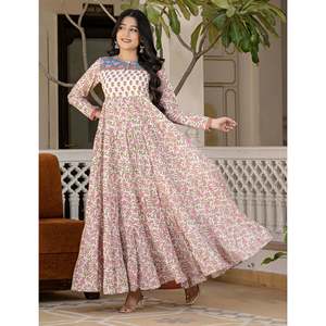 Vestido Anarkali de Algodón Blanco con Estampado de Bloques, Estilo Boho Elegante, Transpirable y de Talla Única para Invitadas de Boda, Suministro ODM - Product Image 6