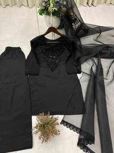 Nouvel arrivage de tissu de soie noir Salwar Kameez Collection français avec broderie de perles Séquence de travail pour les femmes portent - Product Image 6