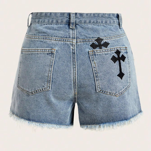 Women's Shorts Tasseled Denim Shorts Punk Style Cross Embroidery Raw Hem High Waist Jean Vintage Casual Summer Streetwear - Product Image 2