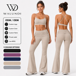 Custom Logo Yoga Set Foldover Waist <strong>Flare</strong> <strong>Leggings</strong> Strappy Back Naked Feeling 2 Piece Gym Workout Outfits - Product Image 1