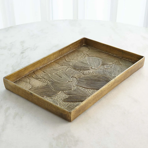 Plateau de service rectangulaire décoratif en métal doré fait main de luxe, motif floral texturé, écologique pour la maison, table, coiffeuse - Product Image 1