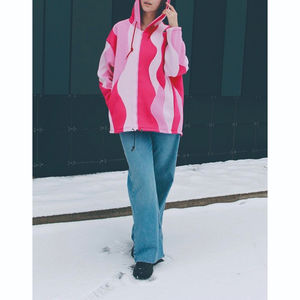 custom Loose Fit Zip up Plus <b>Hoodie</b> Drop Shoulder <b>Fleece</b> Embroidery Waved Color Combination Patchwork Pink <b>Women</b> <b>Hoodie</b> - Product Image 2