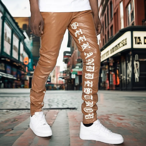 Custom Summer <b>Men</b> Print Cargo Flared Leather Pants Skinny Fit <b>Elastic</b> PU <b>Trousers</b> Streetwear Stacked Leather Pants - Product Image 1