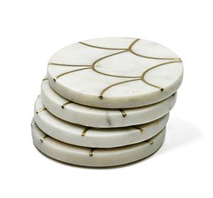 <b>Round</b> Coaster Set White Marble With Brass Inlay Custom Wood Coaster Set with Handmade Bone and Brass Inlay Made in India - Product Image 3