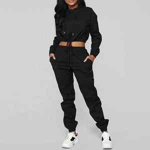 Wholesale Custom Logo Nylon Spandex Lounge Crop Top <b>Hoodie</b> and Jogger 2 Piece Set Womens Windbreaker Tracksuit Sets - Product Image 1