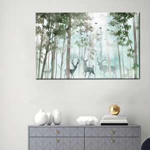 Lienzo Impreso con Paisaje Forestal de Ciervos, Arte Moderno, Decoración para el Hogar, 1 Pieza: Enmarcado - Product Image 1