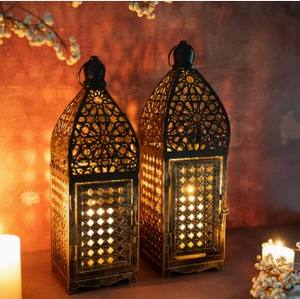 Juego de Faroles Marroquíes de Metal Premium con Intrincados Relieves, Luz Cálida de Vela, Ideal para Decoración Festiva del Hogar y Regalos Elegantes - Product Image 2