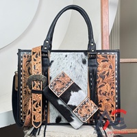 Fashion wanita kualitas tinggi 2 buah Set Combo tangan Tooled kulit Tote Handbag & tangan Tooled kulit sapi kulit kopling untuk wanita