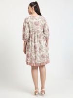 Robe d'été décontractée Sati Factory, imprimé floral, col en V, manches 3/4, taille naturelle, rose et blanc, 100 % coton tissé, coupe ample