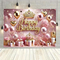 Décor de fête esthétique rose doré pour anniversaire, toile de fond avec couronne de princesse et guirlande de ballons pour photographie, en polyester lavable