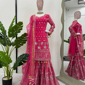 Beautiful Party Wear Top-sharara y Dupatta con hilo con trabajo de secuencia - Product Image 1