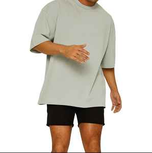 T-shirt à manches courtes oversize en coton de couleur unie pour hommes, tissu tissé pour le fitness, les sports, la course à pied, collection printemps et été - Product Image 3