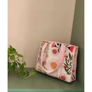 <b>White</b> Embroidered Cotton <b>Small</b> Tote <b>Bag</b> with Zipper for Women - Product Image 2