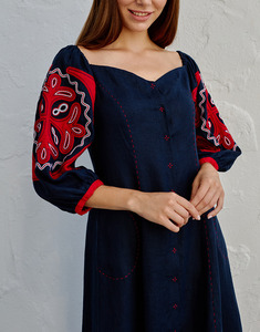 เดรสคอวีแขนยาวลายปักสไตล์ยูเครน,ชุดคลุมเข่าแฟชั่นผ้าคอตตอนความยาวปานกลางดีไซน์เนอร์ - Product Image 2