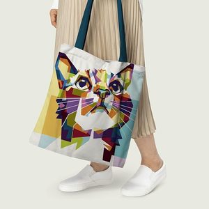 Sacs fourre-tout en toile de coton à motif géométrique chat vibrant, durables et écologiques pour usage quotidien, cadeaux, publicité, personnalisation sérigraphiée - Product Image 4