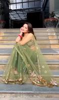 FABZONE Saree Jaring Kupu-kupu Cantik untuk Pesta Santai dengan Bordir Batu & Payet, Bulu Imitasi, Dapat Dibalik, Anti Kusut