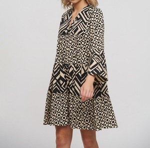 Magnifique robe courte tunique à manches longues, style bohème, col en V, motif paisley, pompon, en noir et beige, taille unique (100% coton) - Product Image 4