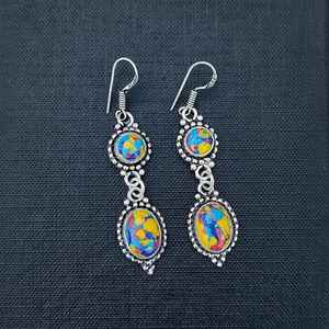 Boucles d'oreilles pendantes en mosaïque de jaspe multi-pierres, plaquées argent 925, faites à la main, bijoux bohèmes, boucles d'oreilles en pierres précieuses, cadeau - Product Image 6