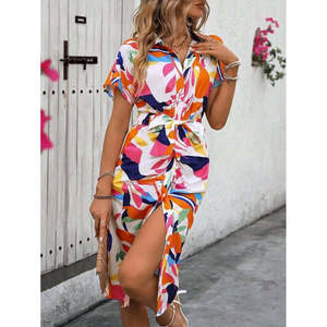 Robe Supreme à manches courtes, col boutonné, drapée et à motifs pour femme, 35523 - à motifs - Product Image 6