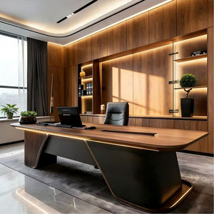 Luxury Brown <b>Solid</b> <b>Wood</b> Rectangular Executive <b>Desk</b> with Durable Frame Accent Lighting 1-Year Warranty - Product Image 1