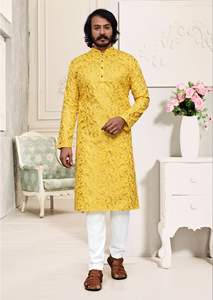 Pyjama Kurta de créateur à imprimé en feuille multicolore de style Manyavar pour hommes, vêtements de mariage de style indien et pakistanais à prix de gros - Product Image 3