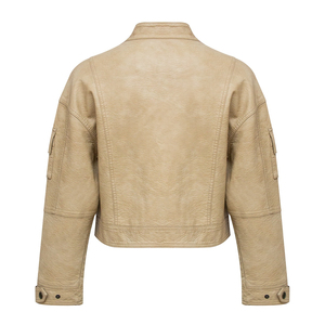 Chaqueta Bomber de cuero Beige para mujer, venta al por mayor, cremallera personalizada, multibolsillo, diseñador elegante, ropa de abrigo informal de invierno - Product Image 2