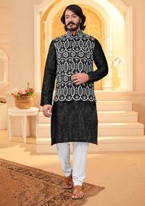 Qualité supérieure Lourd Designer Hommes Soie Kurta Pyjama Miroir Travail Koti Matériel pour les Fêtes de Mariage Indien et Pakistanais Vêtements - Product Image 2