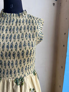 Hand Block Printed <b>Summer</b> Maxi <b>Dress</b> Cotton Sleeveless Smoking <b>Dress</b> with Ruffle <b>Halter</b> Neckline and Shirred Floral Pattern - Product Image 3