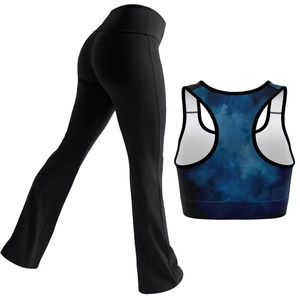 Ensemble de sport pour femme : Soutien-gorge court dos nageur uni et Legging de yoga évasé long en Spandex/Nylon, taille haute, taille élastique, respirant - Product Image 2