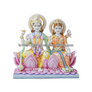 Estatua de mármol de Makrana de los dioses Vishnu y Lakshmi sentados sobre una flor de loto en posición de bendición - Product Image 1