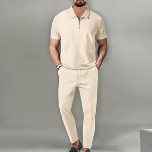 Tendance personnalisable hommes décontracté deux pièces été ensemble couleur unie col à manches courtes fermeture éclair pantalon costume respirant - Product Image 2