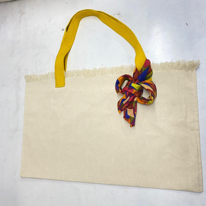 <b>Canvas</b> <b>Beach</b> Tote Bag with Yellow Webbing Handle and Colorful Fabric Bow Large Size Shopping Bag Maharashtra Made - Product Image 1