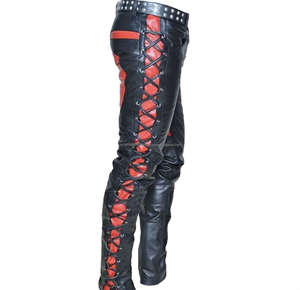 กางเกงหนังแท้ผู้ชายสไตล์ไบค์เกอร์แบบผูกเชือกทรงยีนส์ - Product Image 5