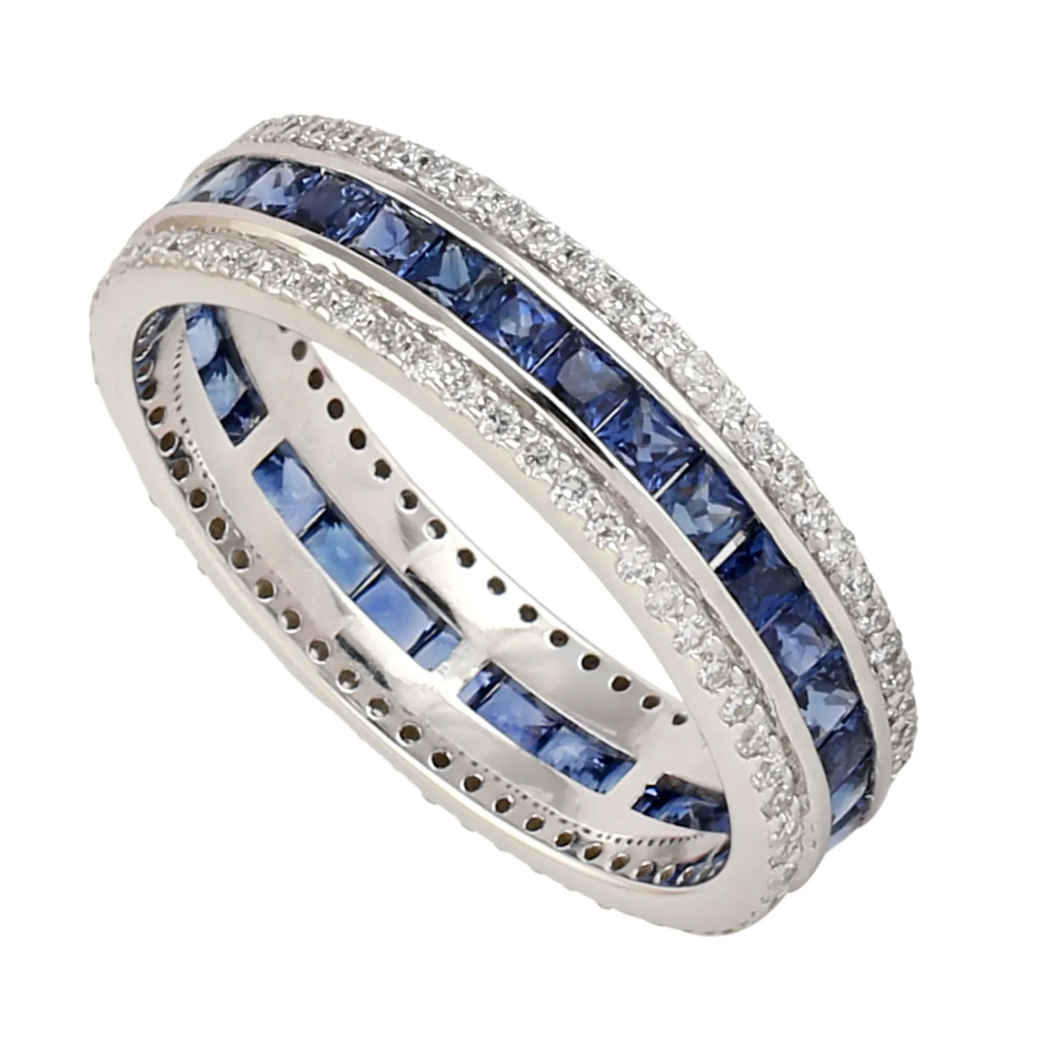 Natural Diamond Blue Sapphire Band Rings 14k White Gold Women Rings Handmade Fine Jewelry