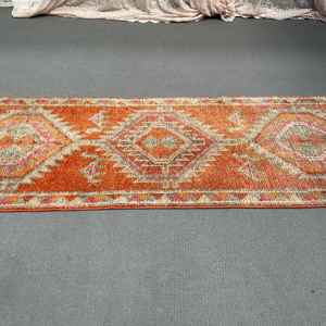 พรมวินเทจตุรกี, พรมแบบ Runner ขนาด 2.7x10 ฟุต (82x304 ซม.), พรมขนสัตว์สีส้มลายอิคัต - Product Image 5