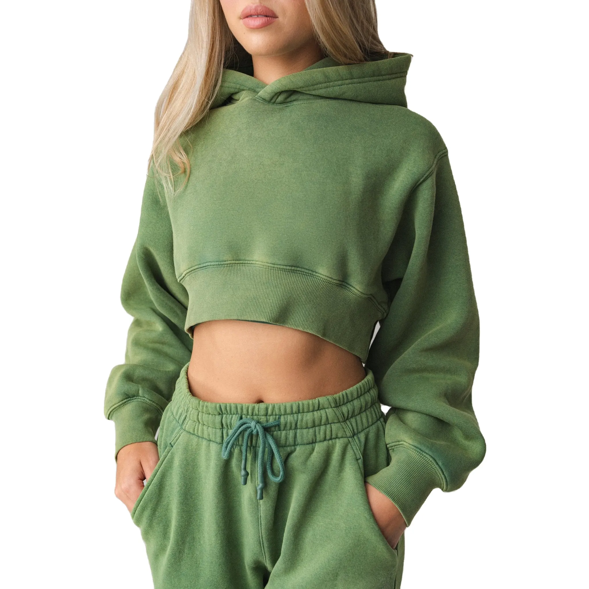 Langarm Female Hooded Pullover kurz geschnittene elastische Taille Hoodie Sweatshirt Pullover Hoodie Kaufen Sie Thick Warm Fleece Damen