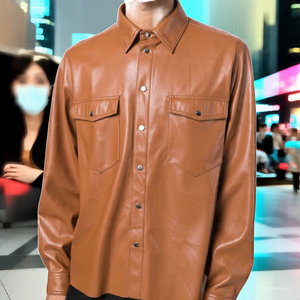 Chemise en cuir décontractée hommes Street Style à manches longues Letterman chemises en cuir hommes bouton couvert à manches longues chemise en cuir marron - Product Image 5
