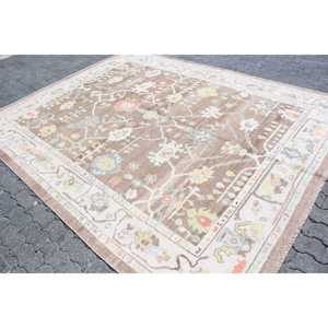 Vintage Turkish Rug, 7.9x9.8 ft Rug, <b>Brown</b> White Polka dot <b>Wool</b> Rug - Product Image 2